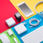 Well organised white office objects on colorful background