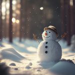 Funny snowman in winter forest at sunset. Christmas background.generative ai