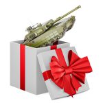 Battle tank inside gift box, present concept. 3D rendering isolated on white background